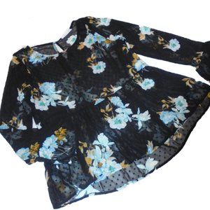 Blouse NEW Top Shirt Tunic chiffon sheer floral black-blue long bell sleeve